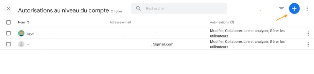 Capture d'écran de la gestion des autorisations des utilisateurs de google analytics