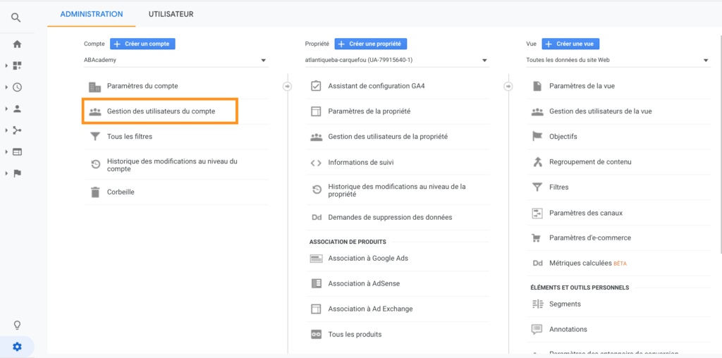 Capture de la page gestion des utilisateurs de google analytics