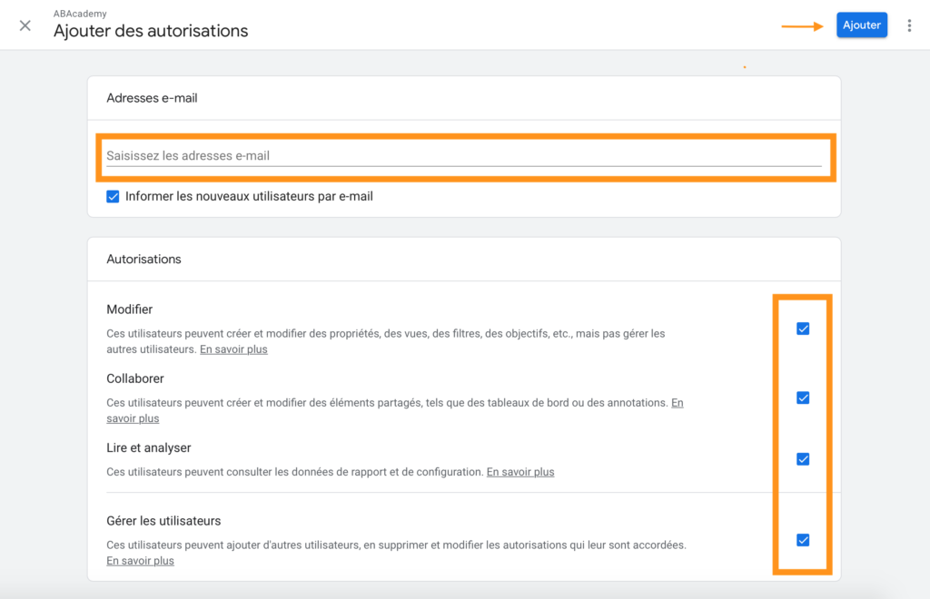 Capture d'écran de la page d'ajout d'administrateur sur Google Analytics